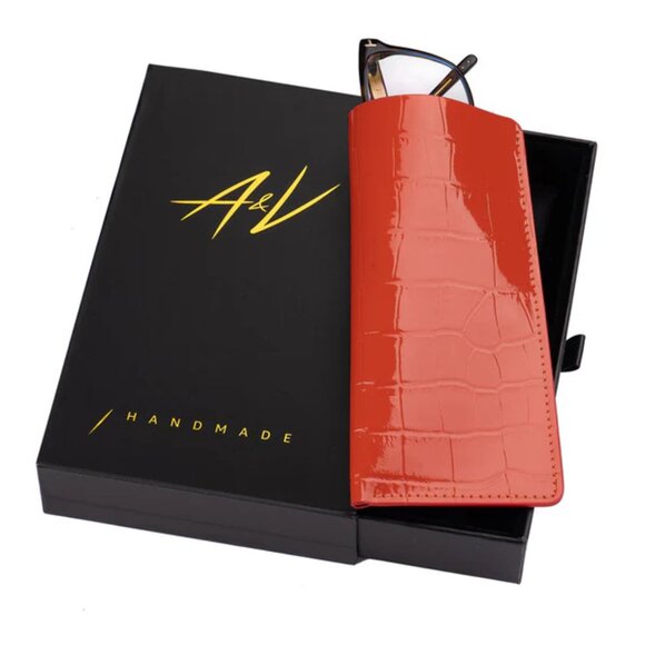 Authentic Calfskin Alligator‑Texture Glasses Pouch - Orange Red - Picture 2 of 3